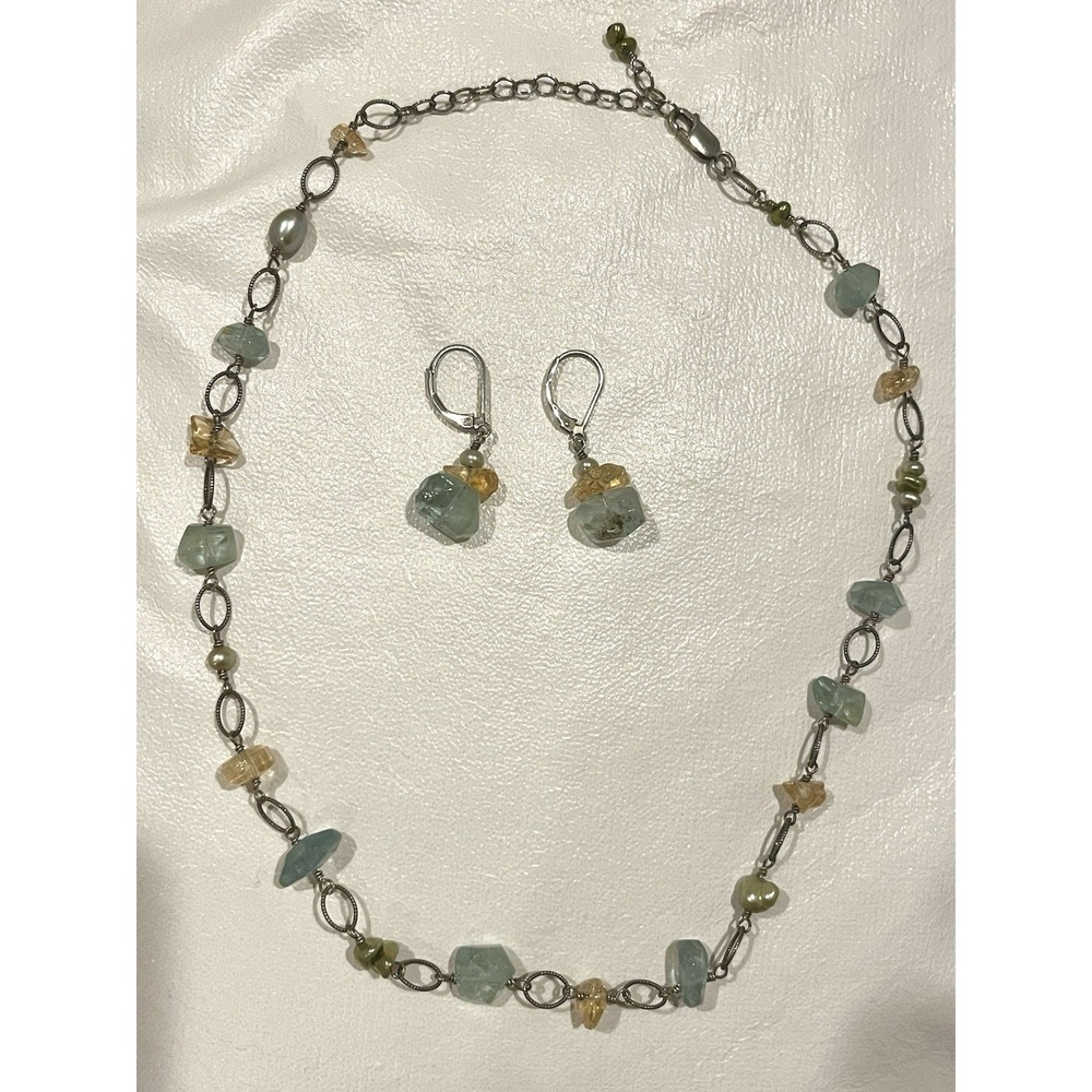 Raw Aquamarine Citrine Freshwater Pearl Necklace Earrings Set Sterling Silver